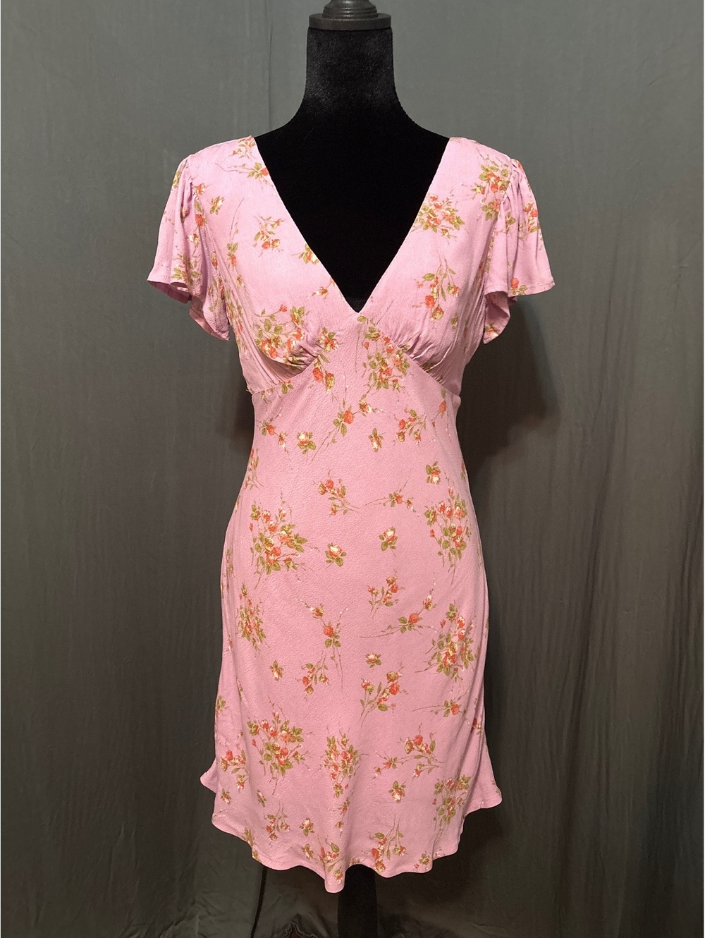 Pink Floral V-Neck Short Sleeve Dress